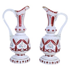 Antique Pair of Victorian White and Ruby Opaline Glass Ewers
