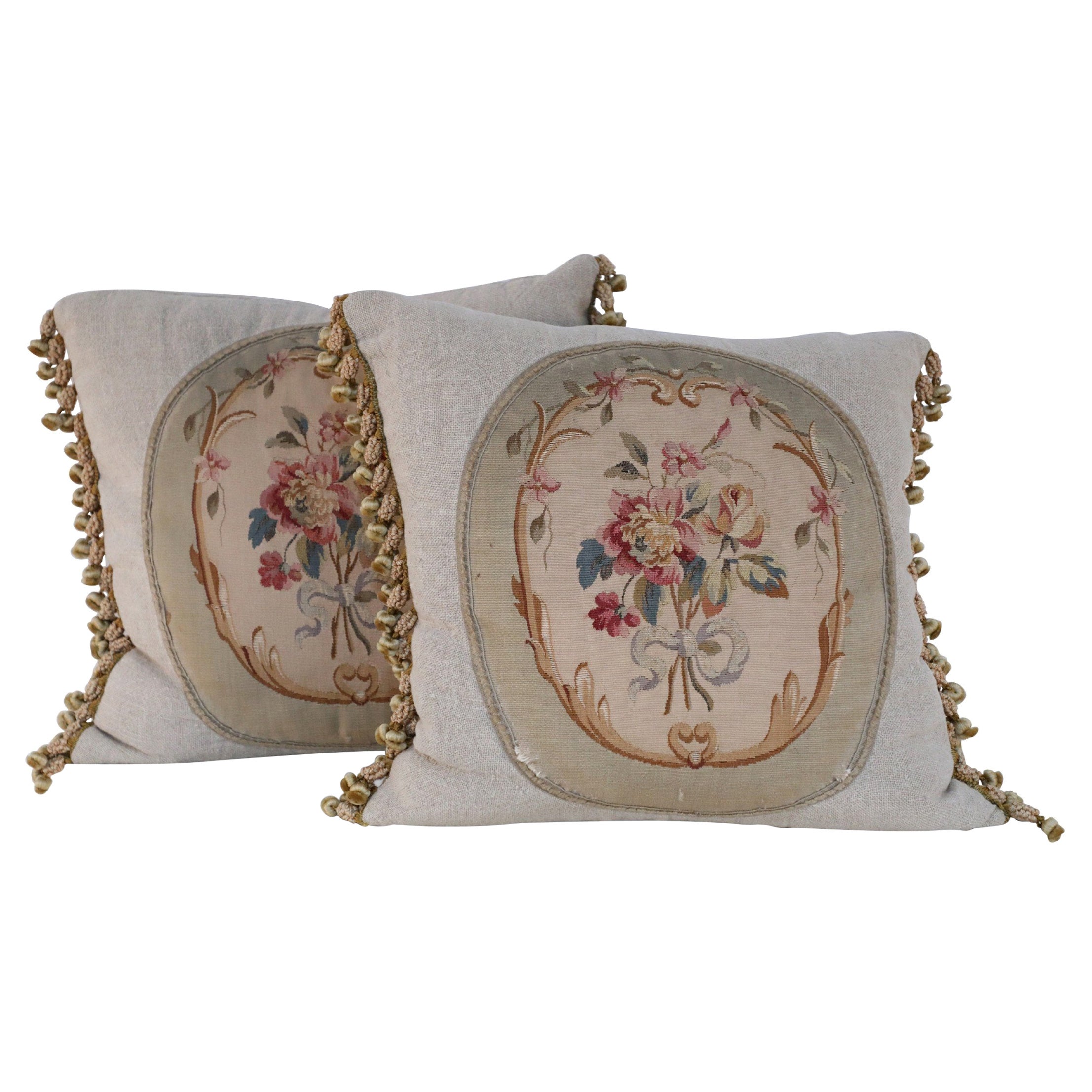 Pair of French Victorian Square Linen Pillows with Aubusson Floral Center