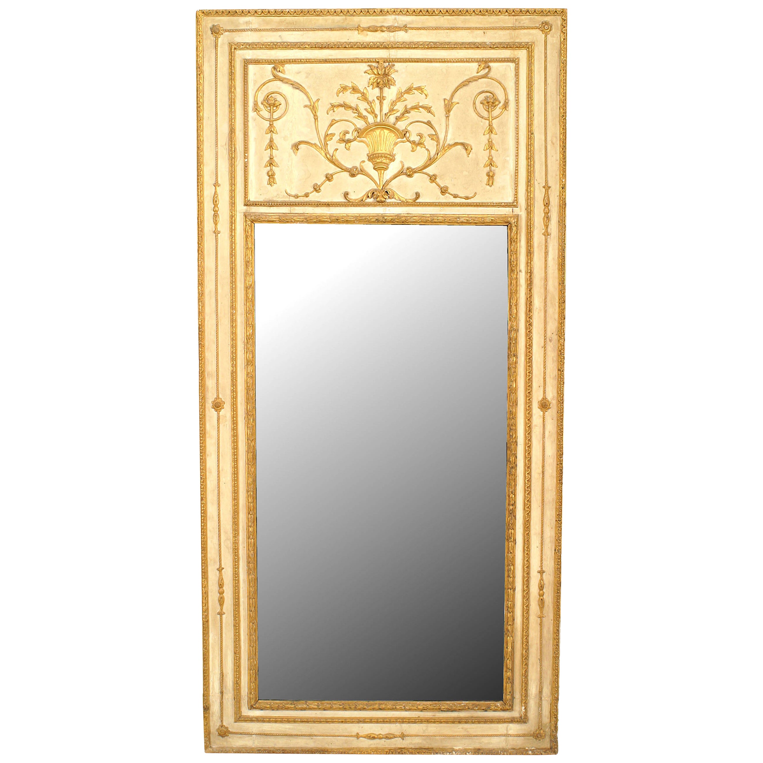 Italian Neoclassic White Painted and Carved Giltwood Trumeau / Wall Mirror For Sale