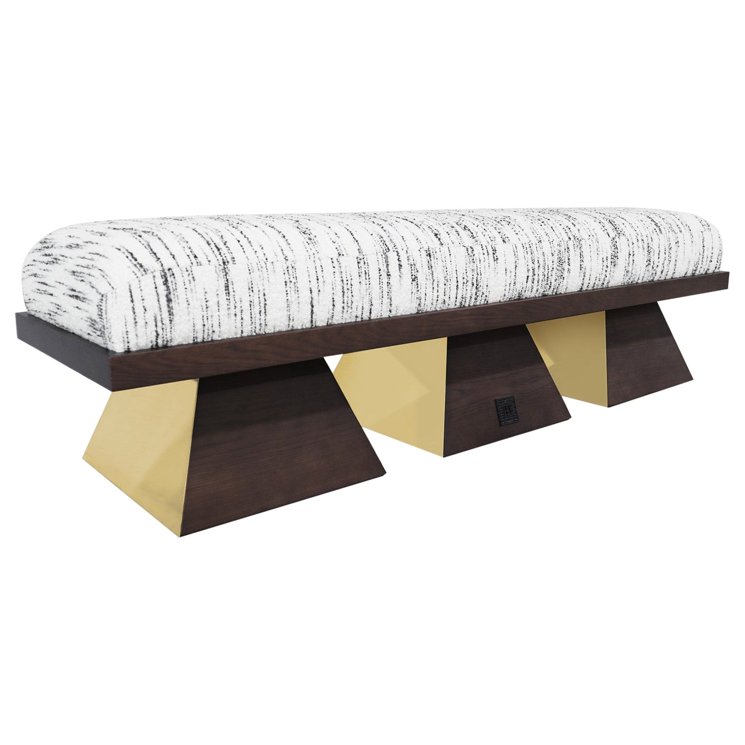 Modern White Velvet Upholstered Bench with Black Wenge Legs Gold