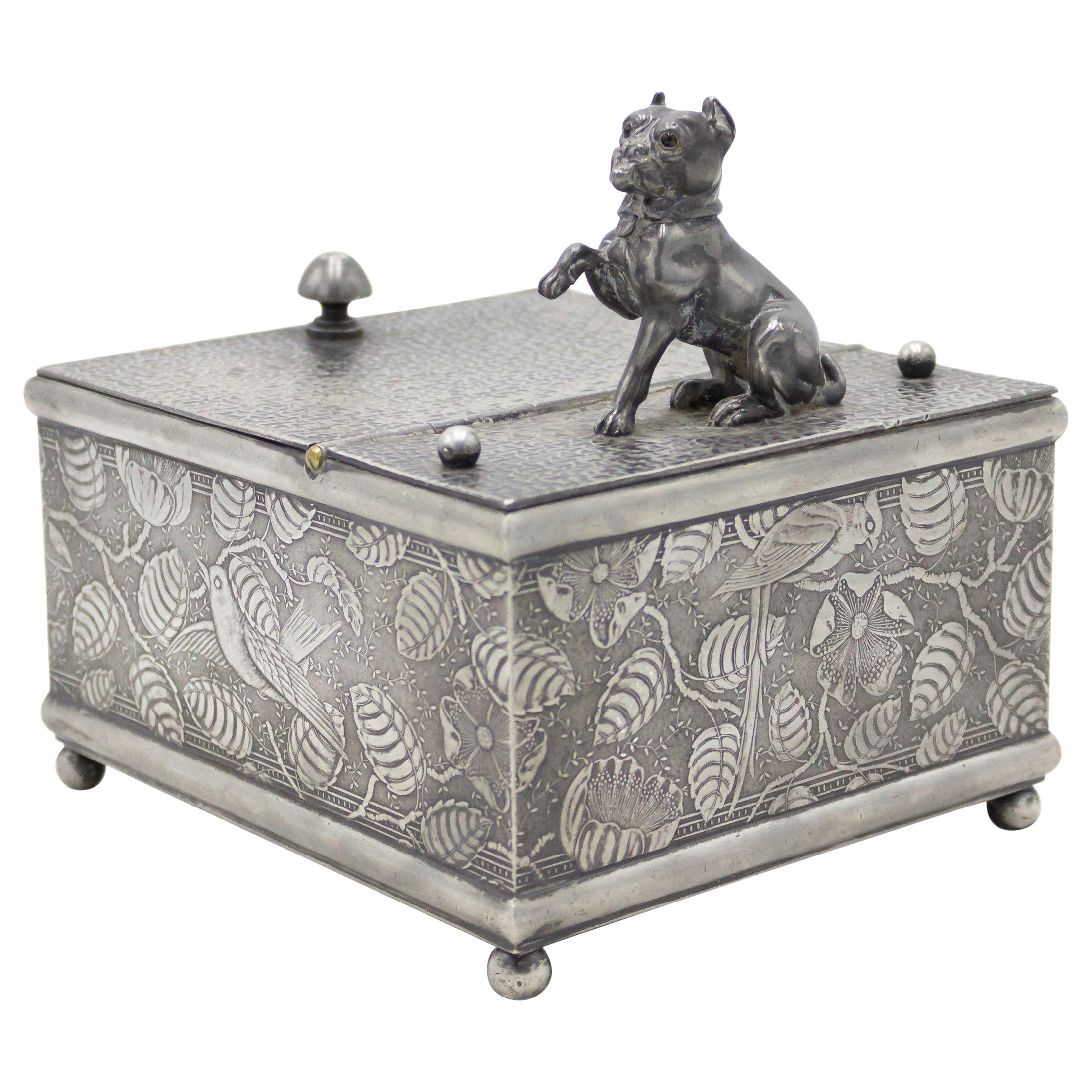 English Arts & Crafts Pewter Box with Dog Figure