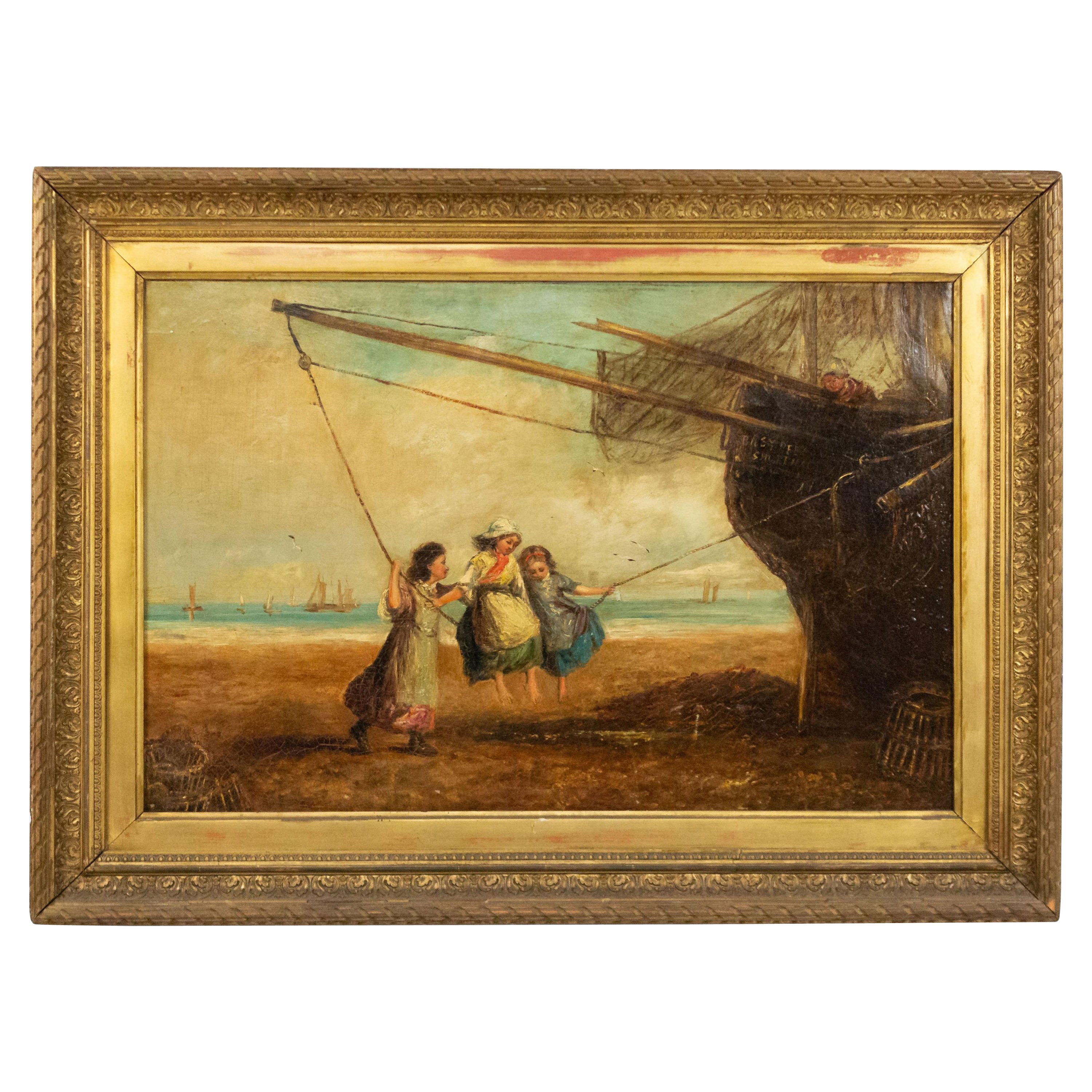 English Victorian Genre Oil Painting of Three Girls Swinging from a Boat Rope For Sale