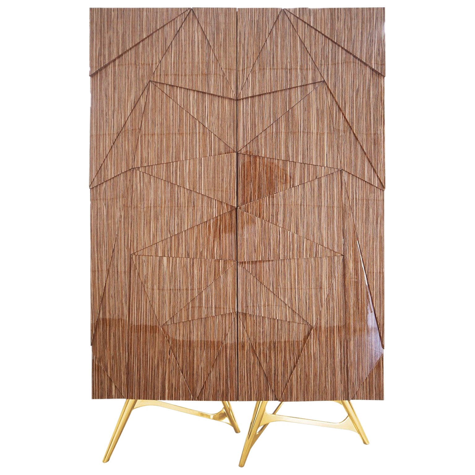 Modern Cabinet With Geometric Surface Wood Structure & Gold Polished Brass Legs For Sale