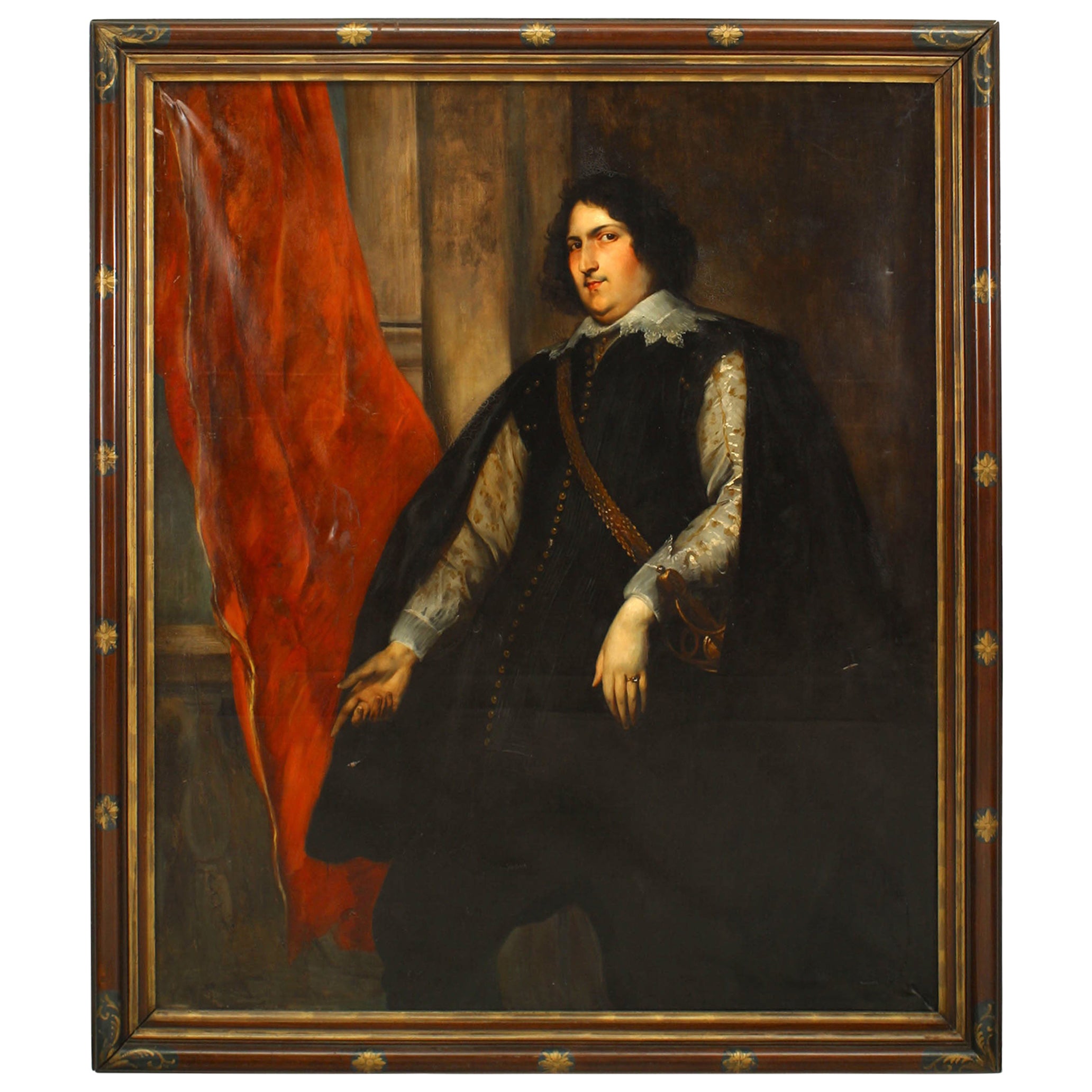 English Oil Painting Portrait of a 17th Century Man in Black Cape For Sale