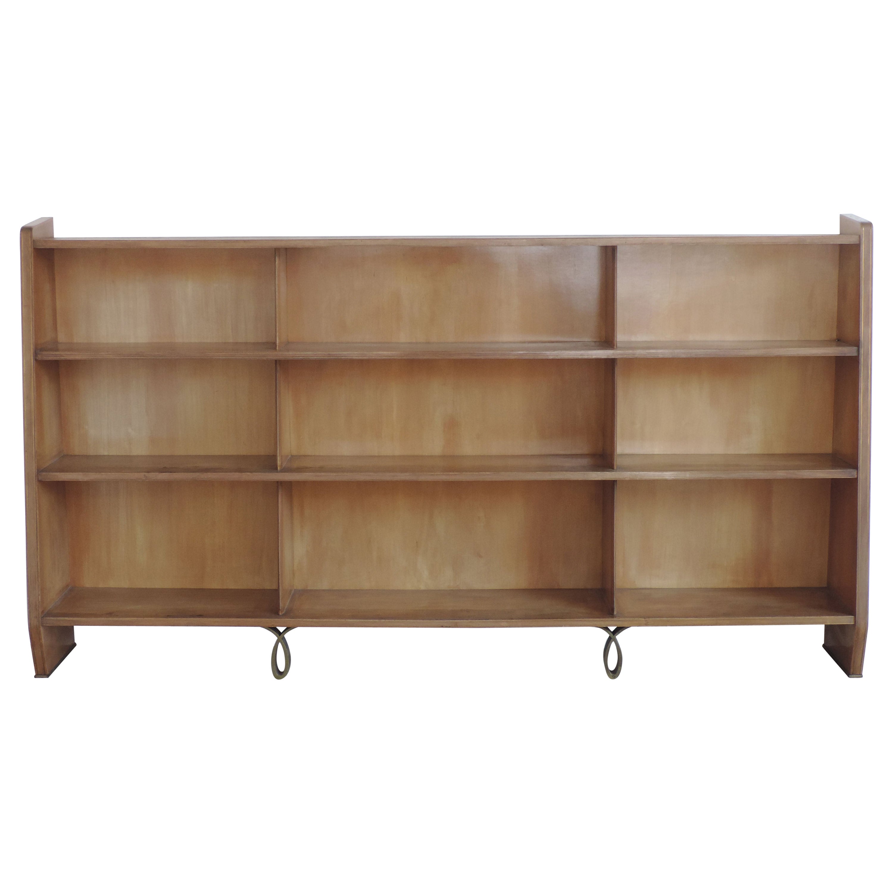 Italian Art Deco Book Case in Wood, Nickel and Brass, 1930s For Sale