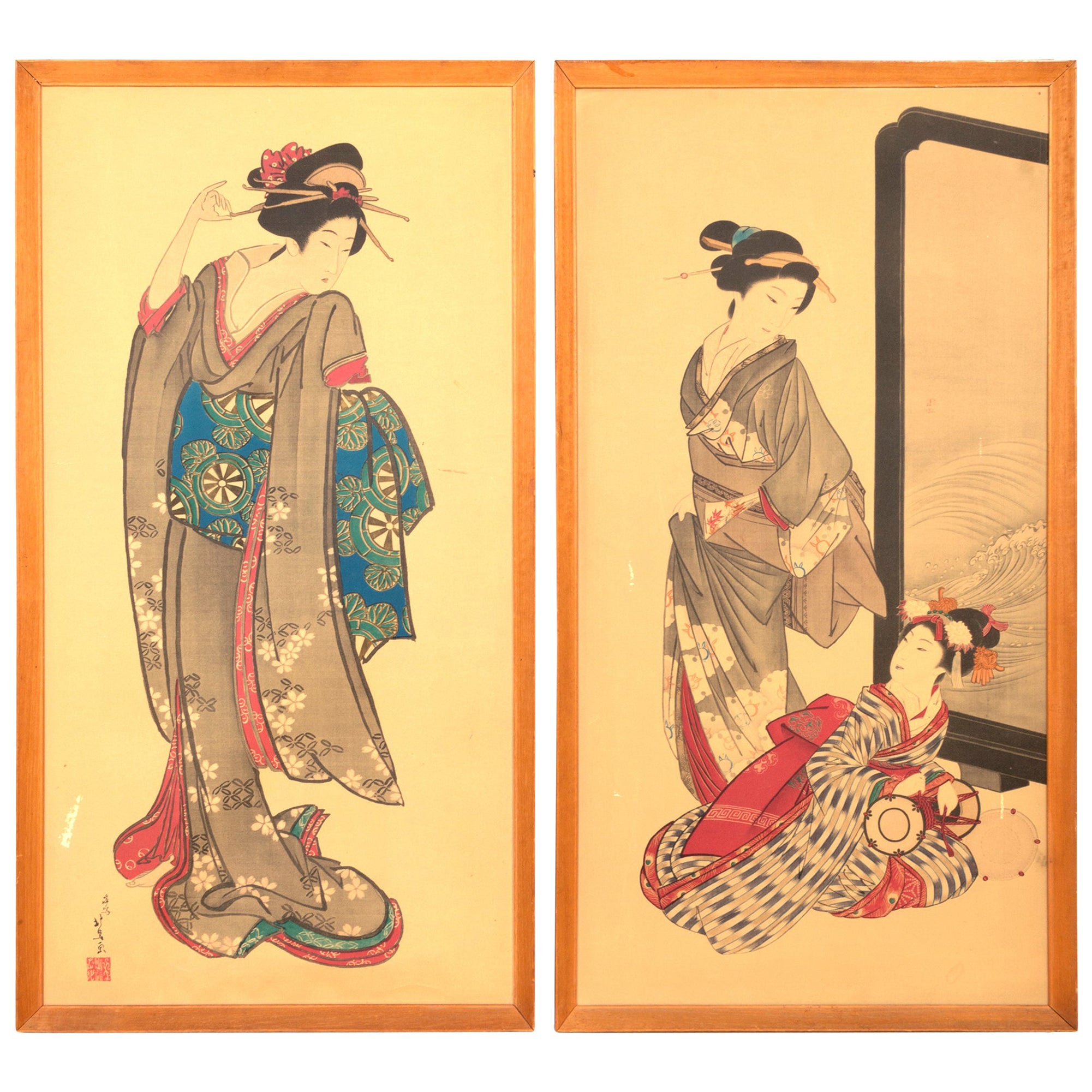 Pair of Large Early 20th Century Japanese Signed Woodblock Prints, C.1930