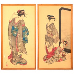 Paire de grandes gravures sur bois japonaises du début du 20e siècle signées sur bois, vers 1930
