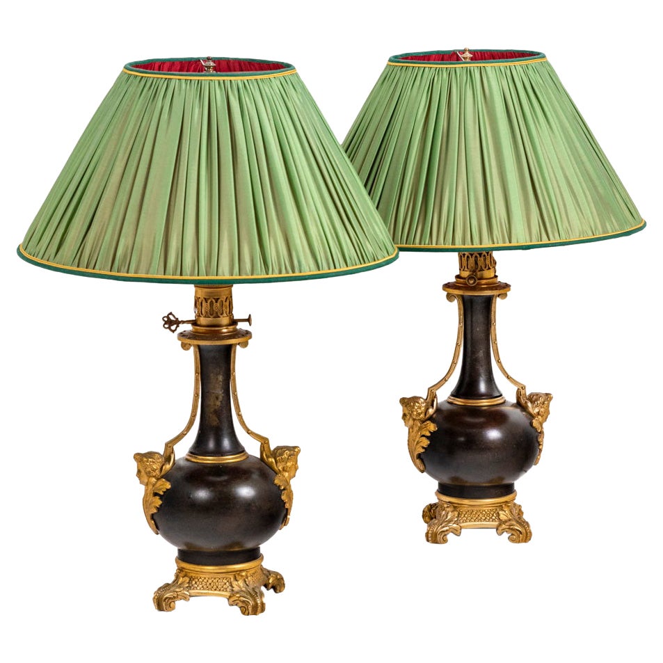 Pair of Lamps in Plate and Gilt Bronze, circa 1880 For Sale