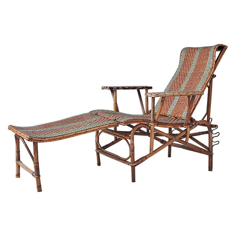 Vintage Rattan Armchair and Footrest with Green Woven Details, France, 1920s For Sale