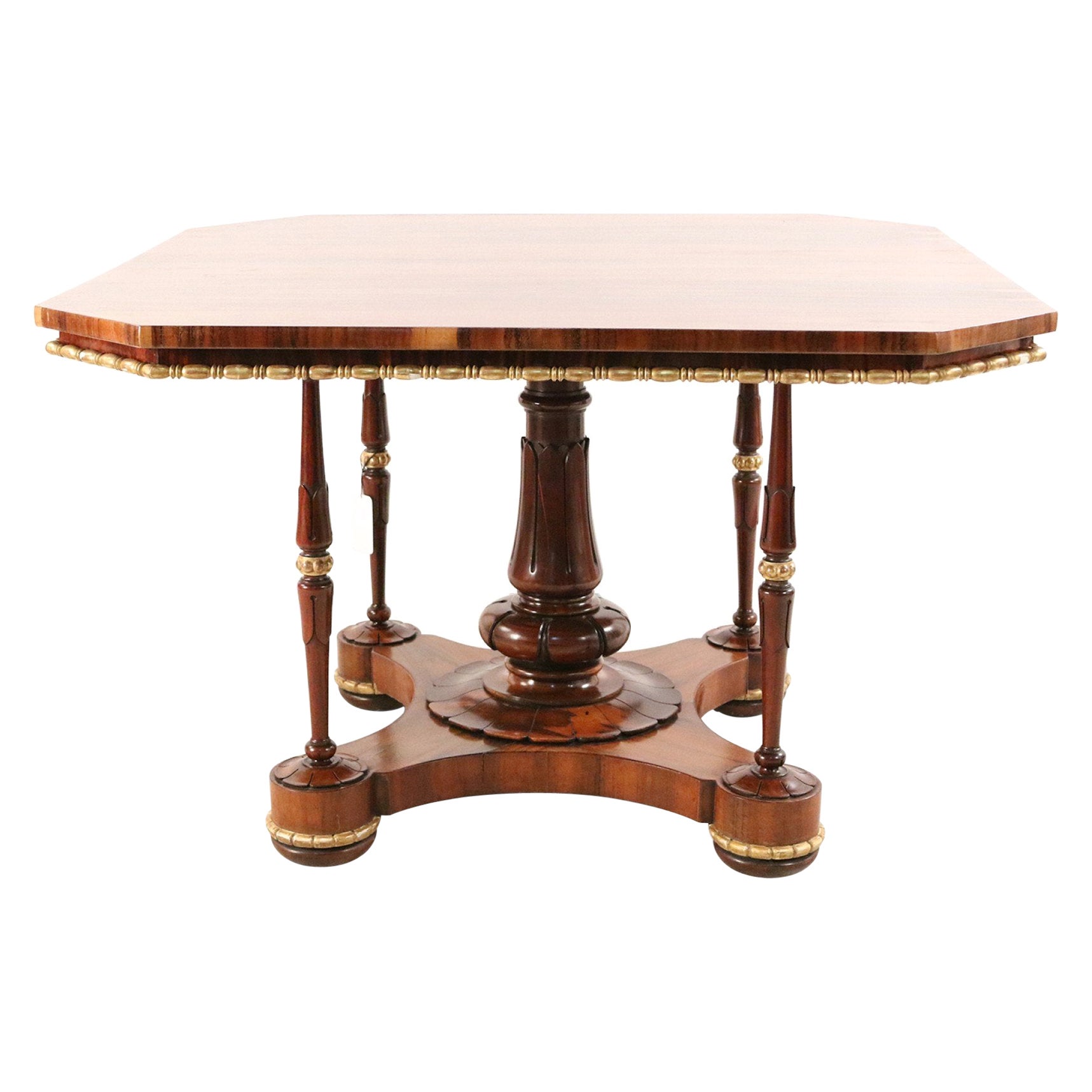 English Regency Square Canted Corner Walnut and Brass Trim Center Table