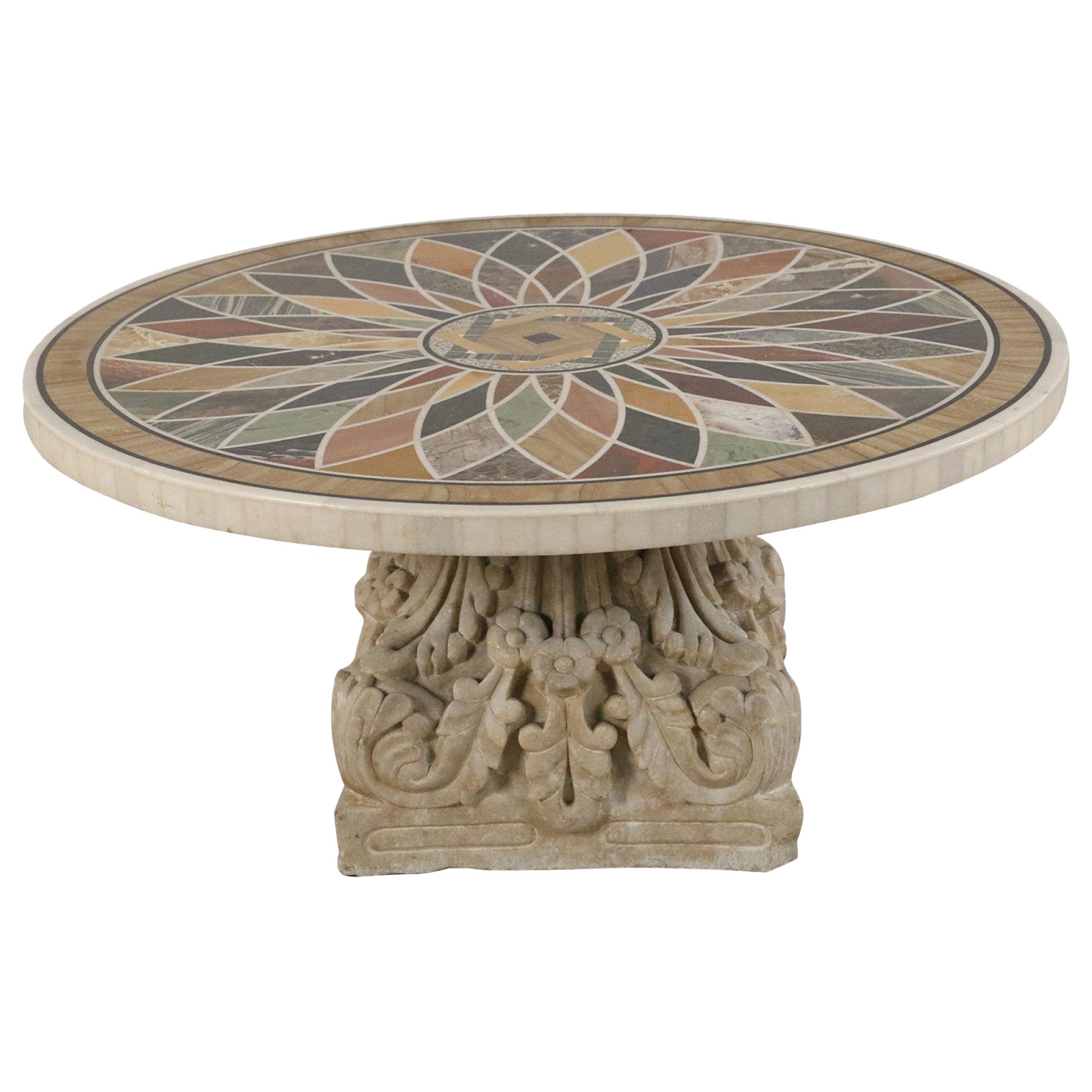 Italian Neo-Classic Marble Inlaid Top and Acanthus Leaf Design Base Coffee Table For Sale