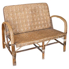 1950s Spanish 2-Seater Woven Wicker & Wood Sofa