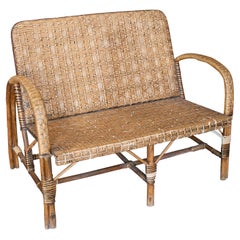 Retro 1950s Spanish 2-Seater Woven Wicker & Wood Sofa