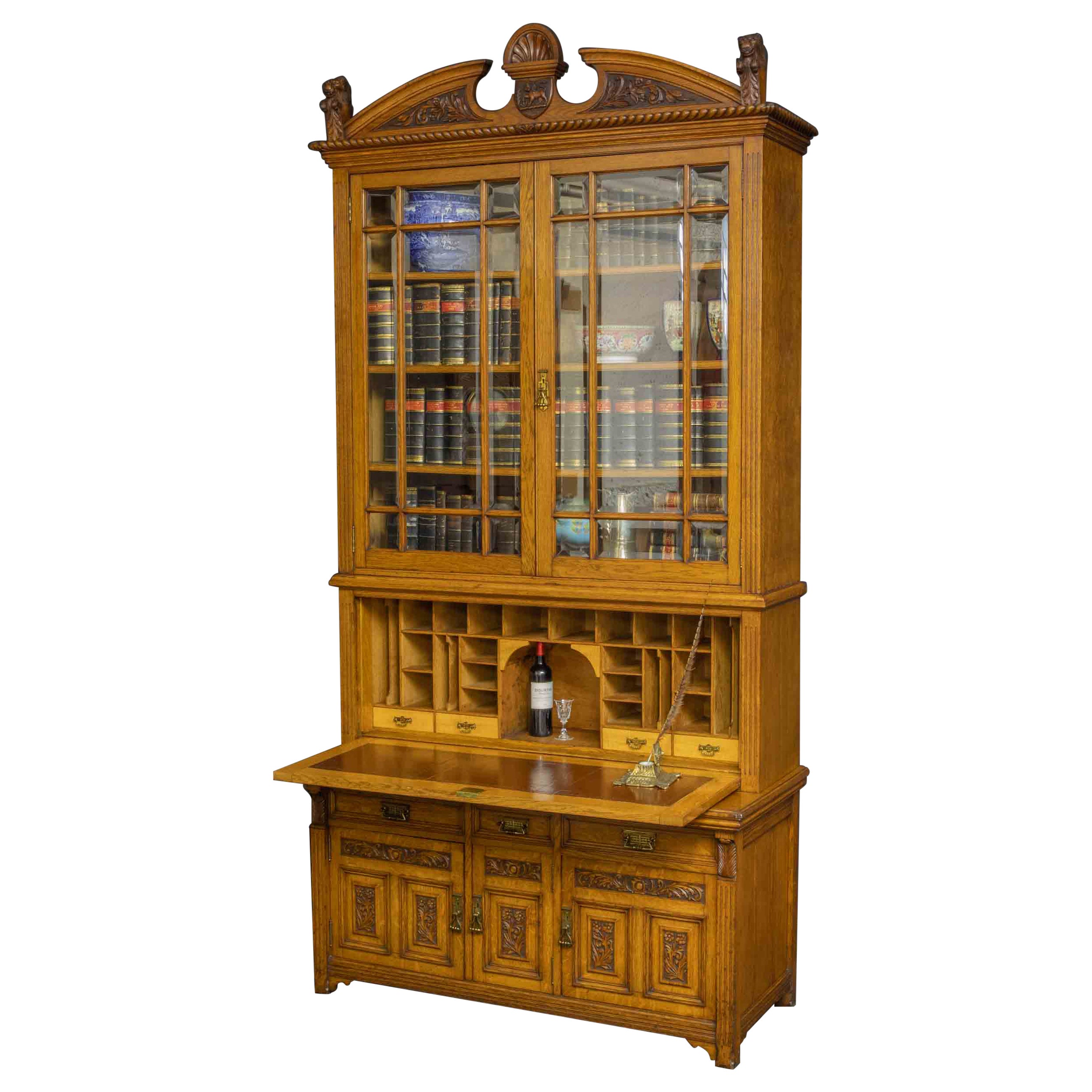 Edwardian Oak Secretaire Bookcase For Sale