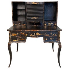 Antique 19th Century French Louis Philippe Black Chinoiserie Desk / Writing Table, 1830