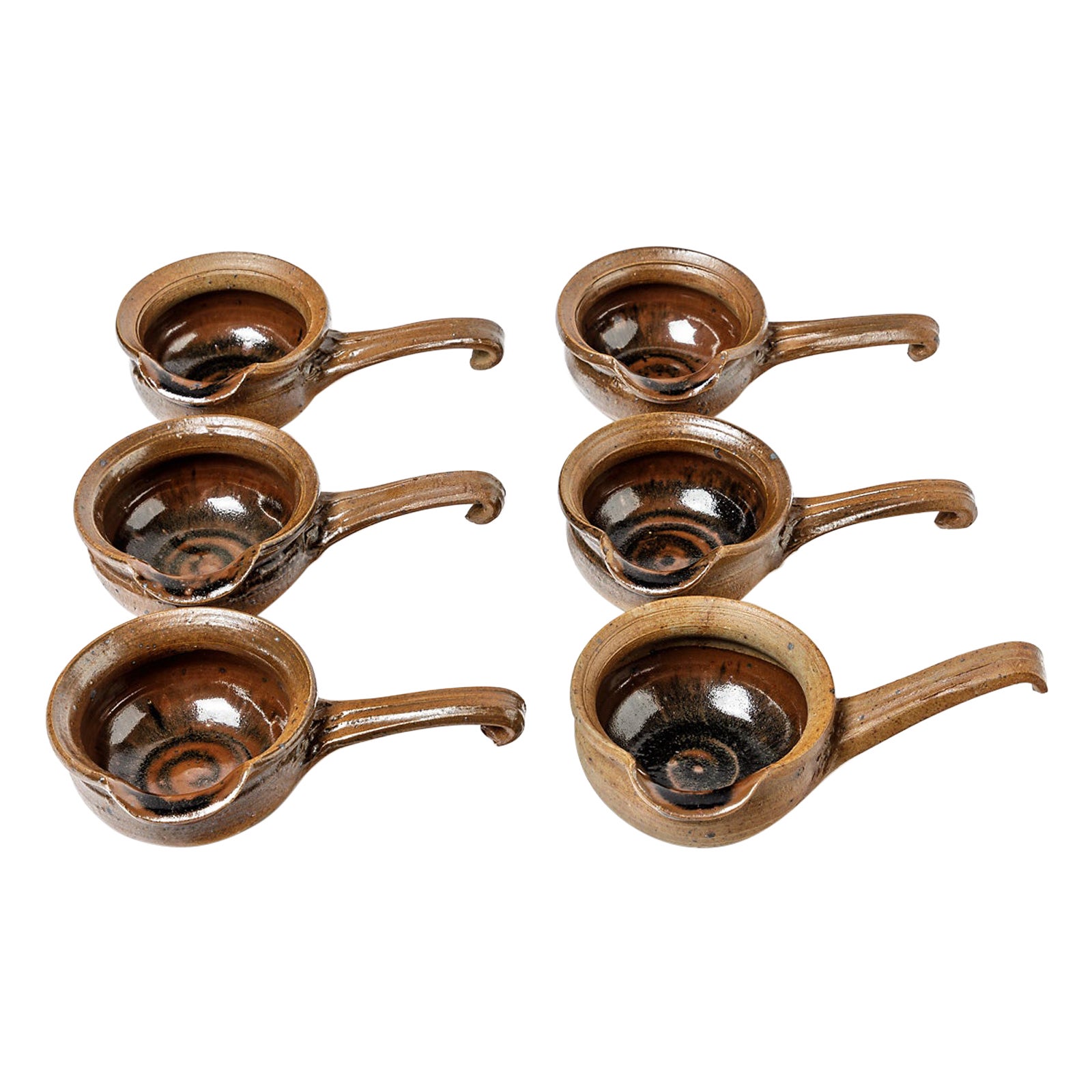 Set von 6 Kaffeebechern oder Schalen aus Keramik in Schwarz und Braun von Pierre Digan