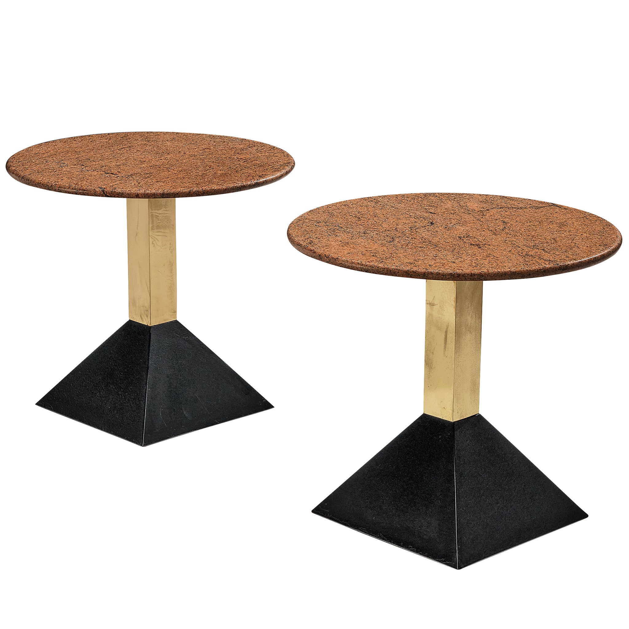 Italian Side Tables in Metal and Round Granite Tops