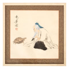 Vintage Japanese Drawing 'Old Man and Turtle'