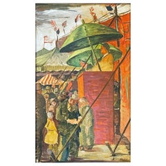 ""Circus Scene", Gemälde mit Barker in Orange und Grün, amerikanische Flaggen, 1930er Jahre