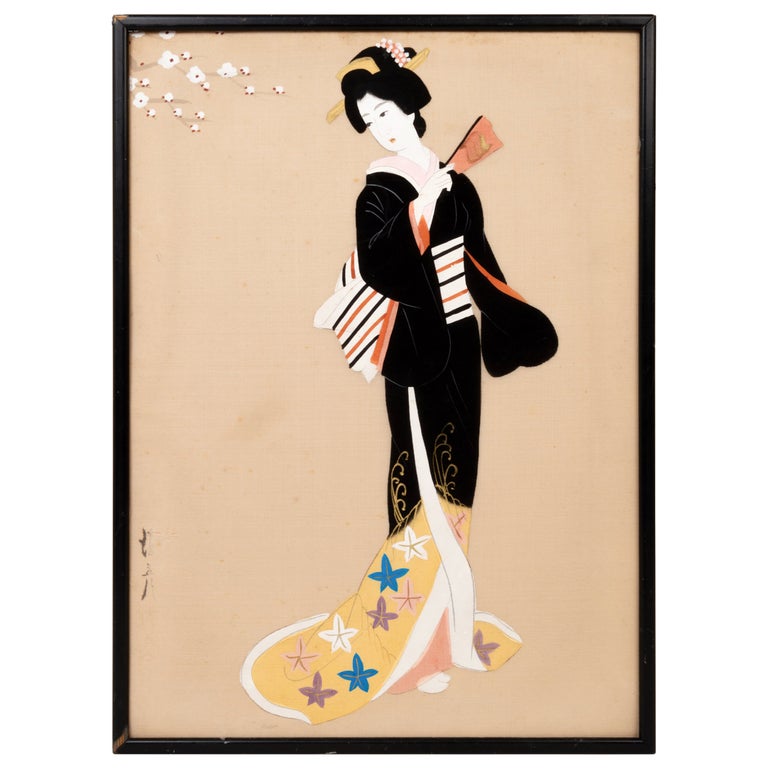Vintage Japanese Gouache Painting of 'Geisha' on Silk For Sale