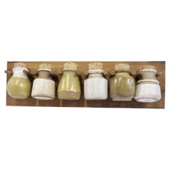 1970s Organic Modern Kitchen Wall Spice Rack with Pottery Jars Cork Tops