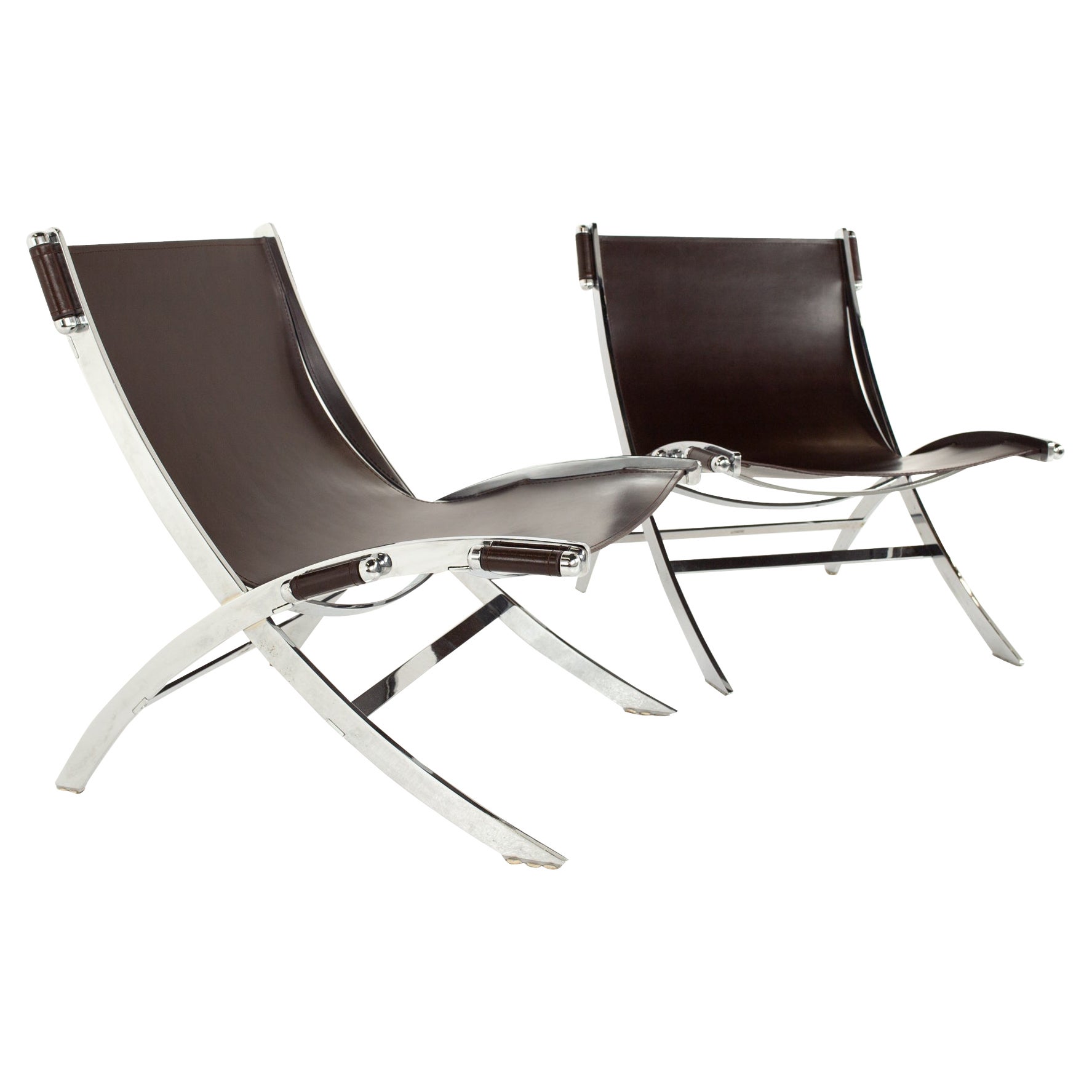Paul Tuttle for Flexform Style MCM Brown Leather and Chrome Lounge Chair, Pair