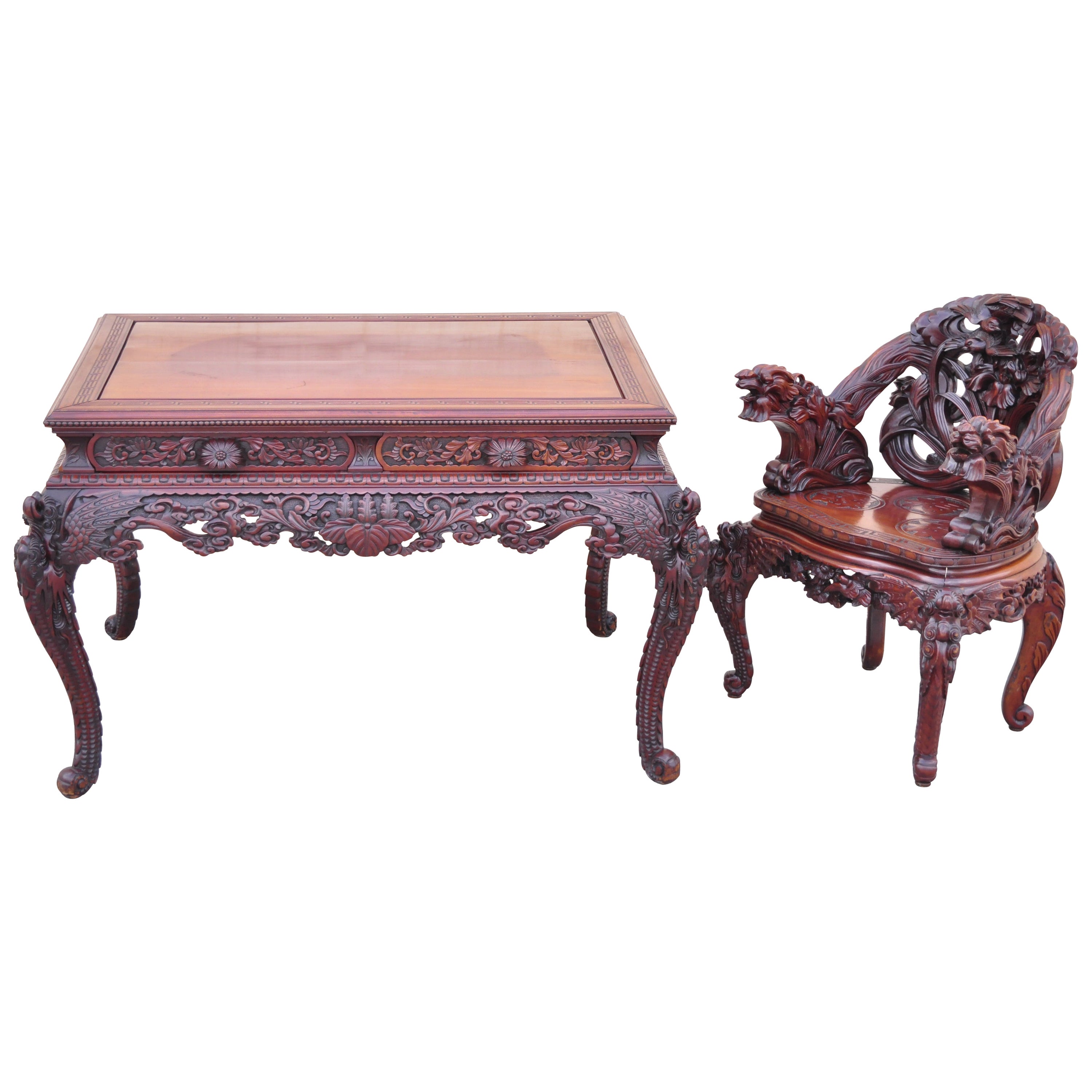 Bureau et chaise partenaires Art Nouveau japonais ancien sculpté en forme de dragon à 4 tiroirs