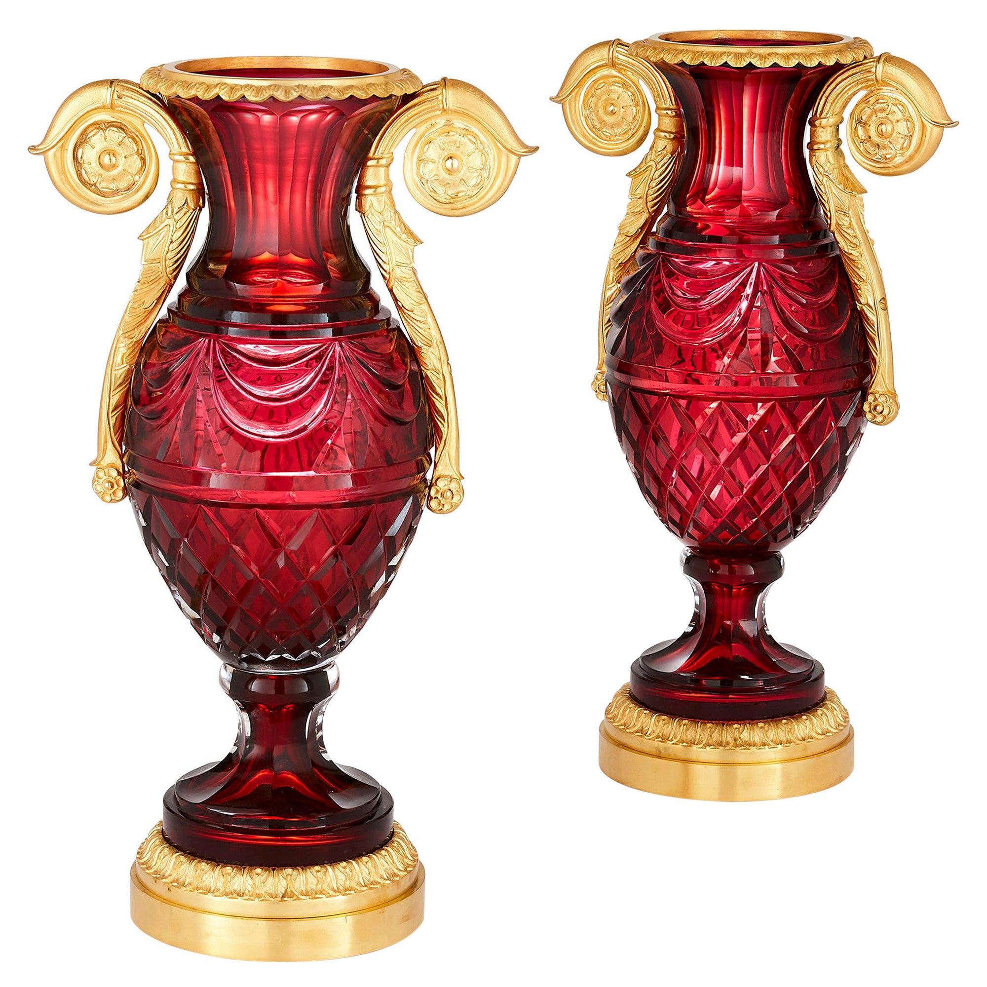 Pair of Russian Neoclassical Style Cut Glass and Gilt Bronze Vases For Sale