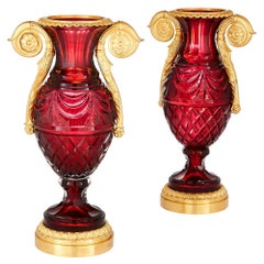Pair of Russian Neoclassical Style Cut Glass and Gilt Bronze Vases