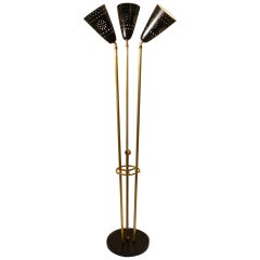 Floor Lamp with Trio of Black Perforated Shades and Brass Italian, 1950's