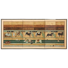 Japanese Edo Style Six Panel Screen Horses in Stable