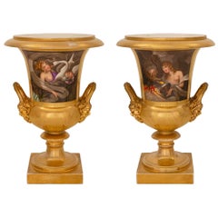 Antique Pair of French 19th Century Neoclassical Style Porcelain De Paris Urns