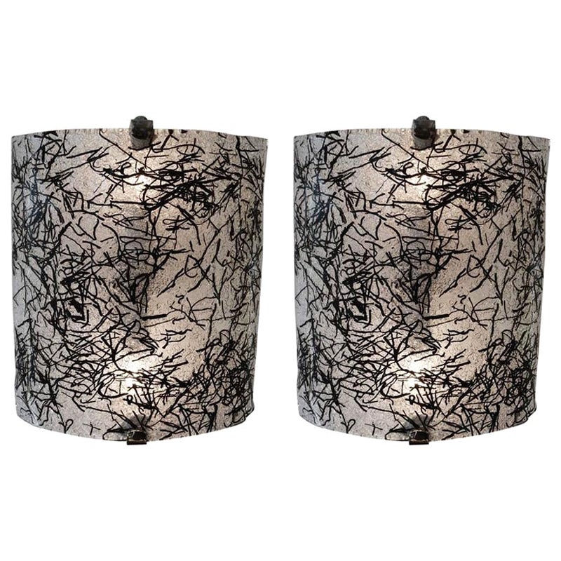 Pair of Wall Sconces by De Majo, Murano in Black and Clear Glass 