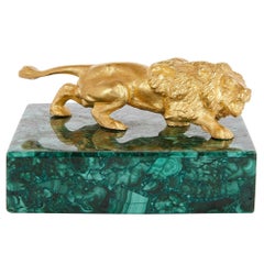 French Gilt Bronze and Malachite Lion Paperweight