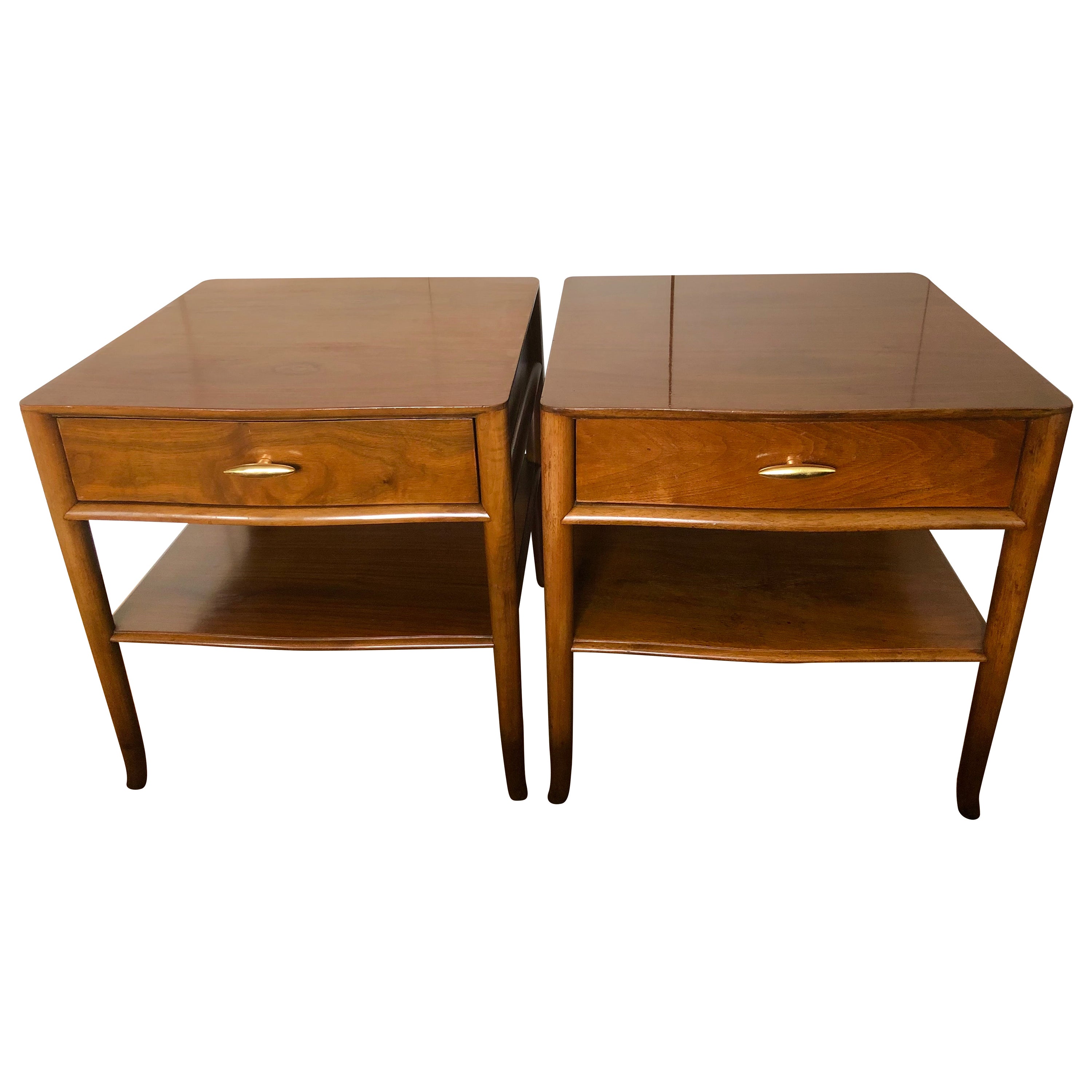 Robsjohn-Gibbings Walnut Side Tables w/ Gilt Porcelain Pulls