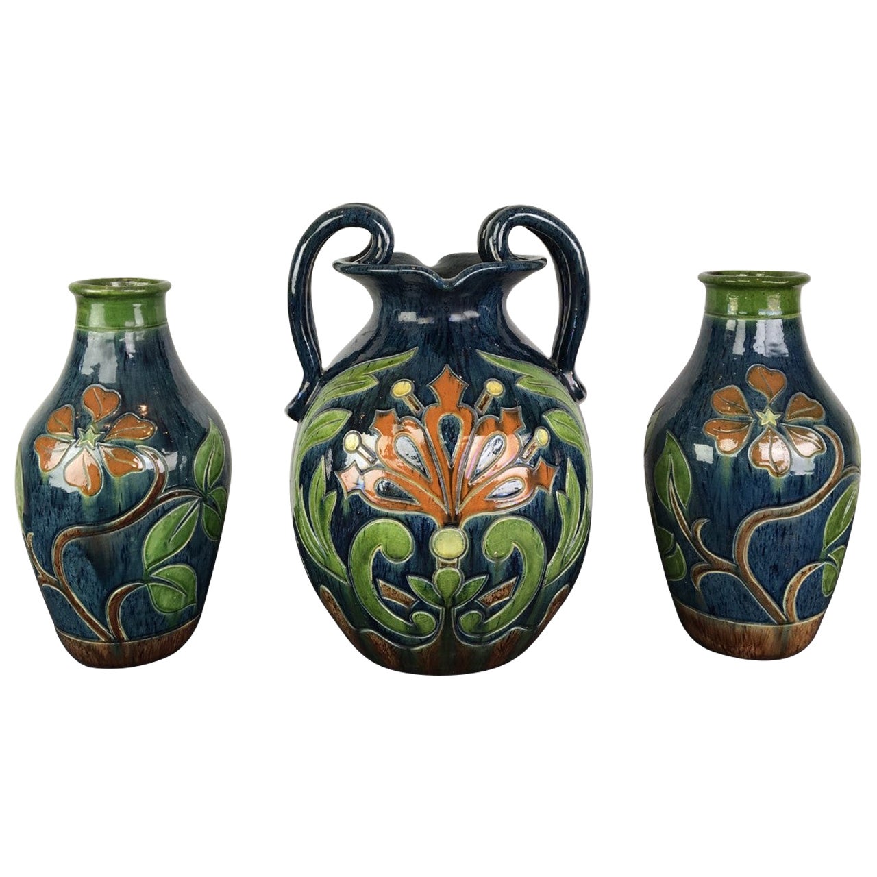 Set of 3 Flemish Pottery Vases, 1930s, Belgium For Sale