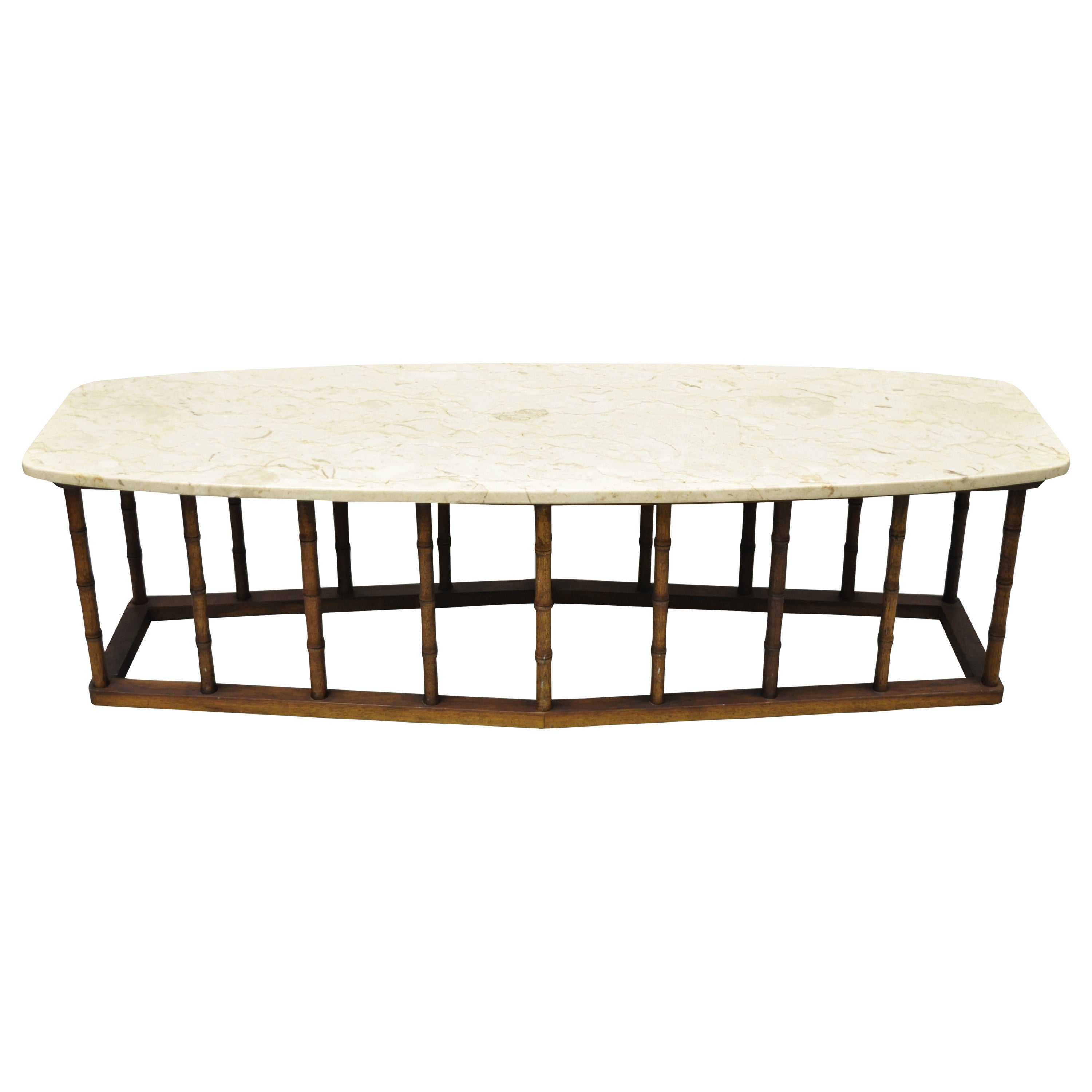 Vintage Hollywood Regency Faux Bamboo Travertine Marble Surfboard Coffee Table