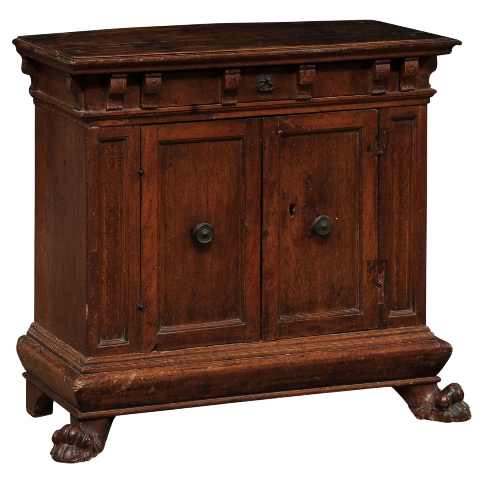 Early 18th C. Italian Two-Door Walnut Cabinet Presented on Paw Feet For Sale