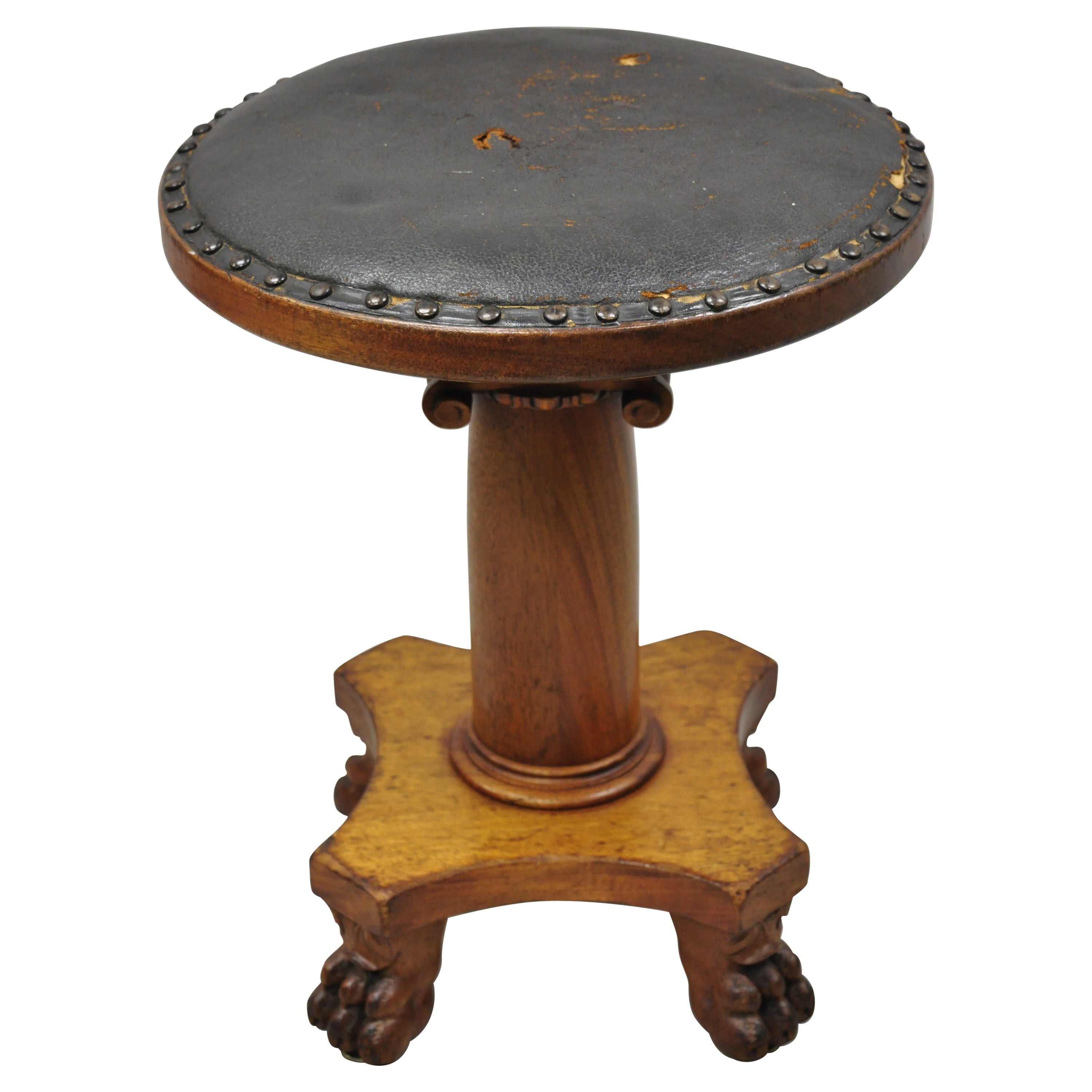 19th C. American Empire Mahogany Carved Column Paw Feet Swivel Leather Stool For Sale