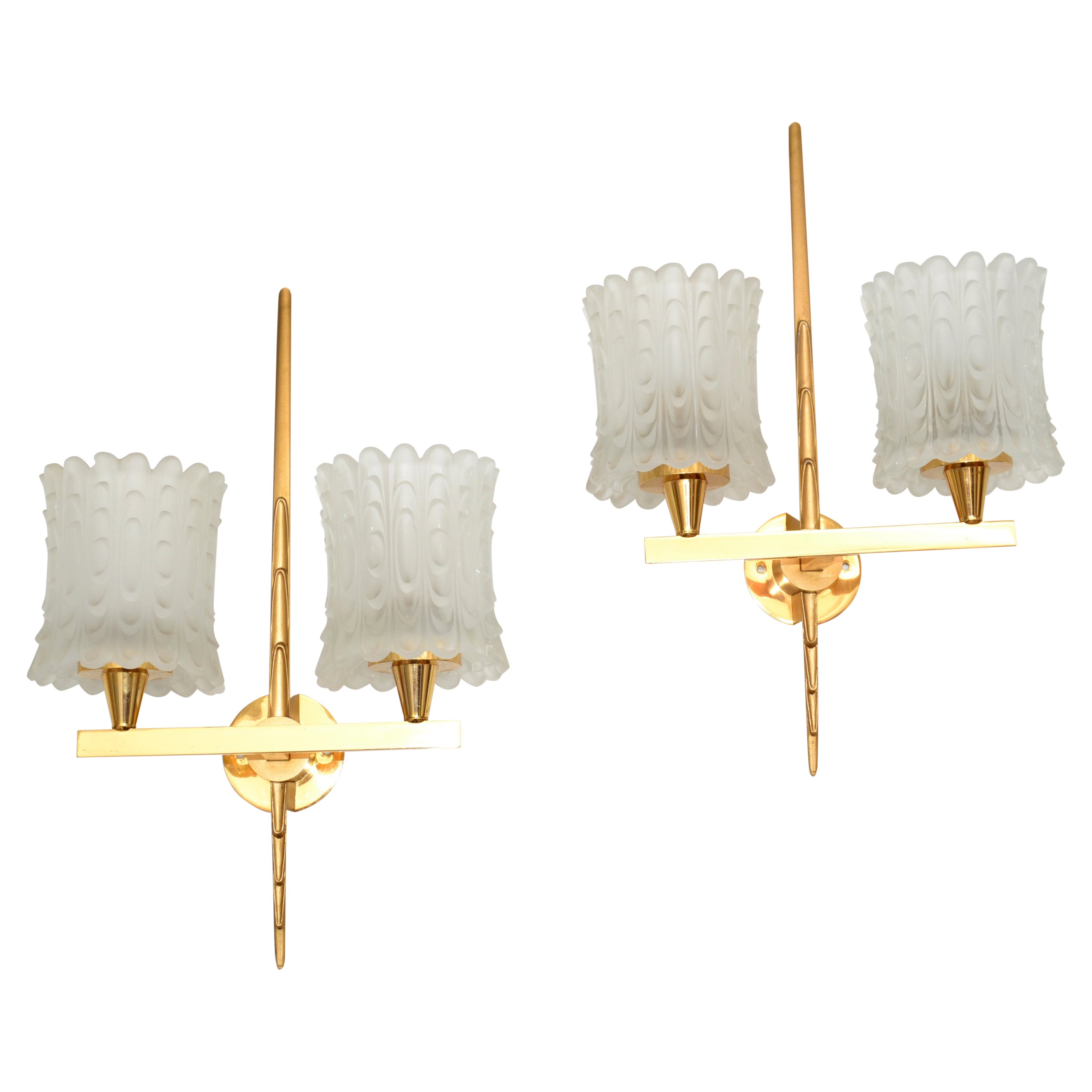 Maison Arlus Pair of Double Brass & Textured Glass Sconces Wall Lights Art Deco