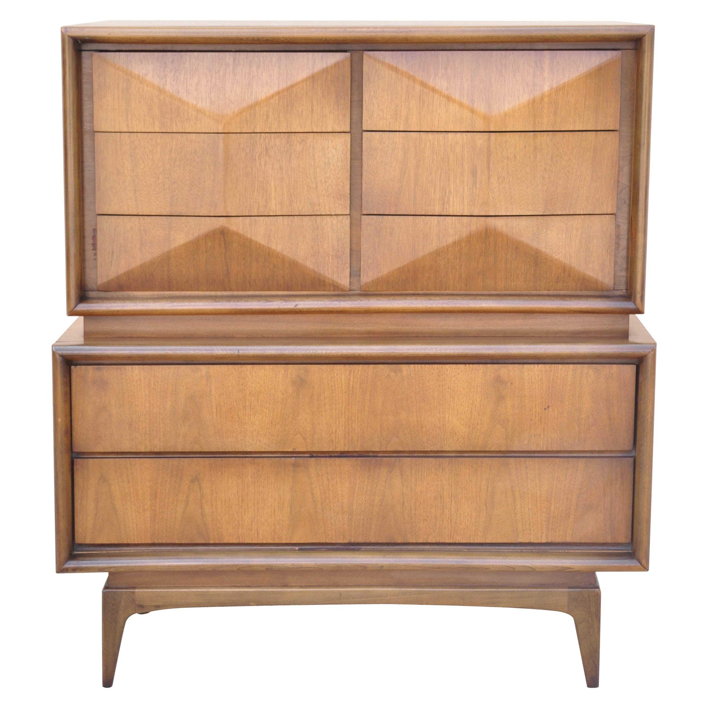 Mid Century Walnut Diamond Front Chest on Chest Dresser by United Furniture