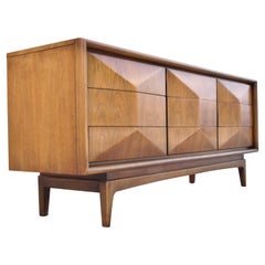 Mid Century Walnut Diamond Front Long Dresser Credenza by United Furniture