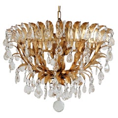 Italian Midcentury Gilt Crystal Flush Mount Chandelier with Leafes by Banci 