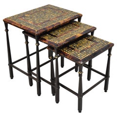 Faux Tortoise Shell Mosaic Stone Inlay Mediterranean Hooker Nesting Side Tables 