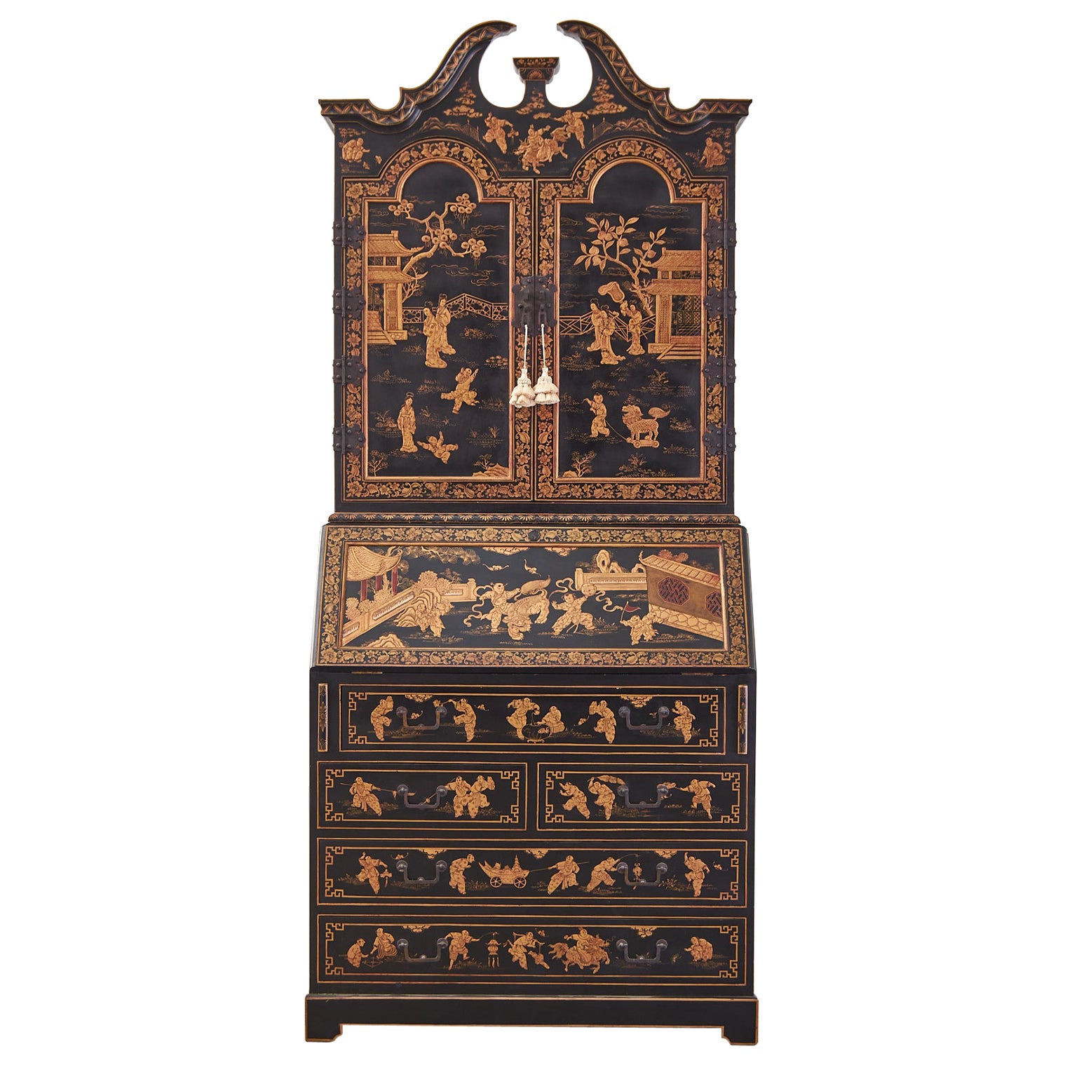 English George III Style Chinoiserie Lacquered Secretaire Bookcase