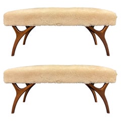 Mid-Century Modern Benches, Genuine Italian Sheepskin, Style of Gio Ponti, Pair