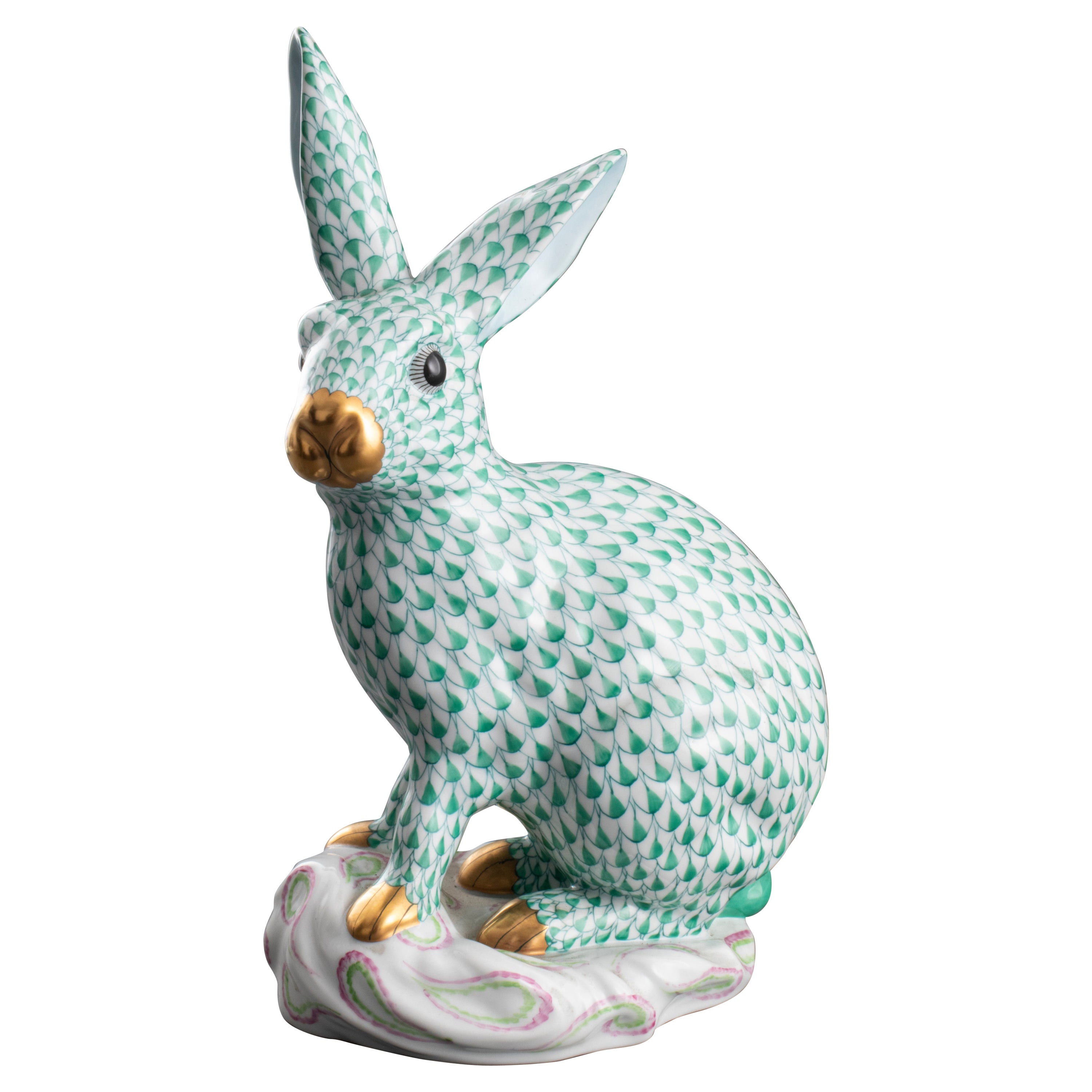 Herend Large Standing Bunny Rabbit Porcelain Figurine Blue Fishnet 