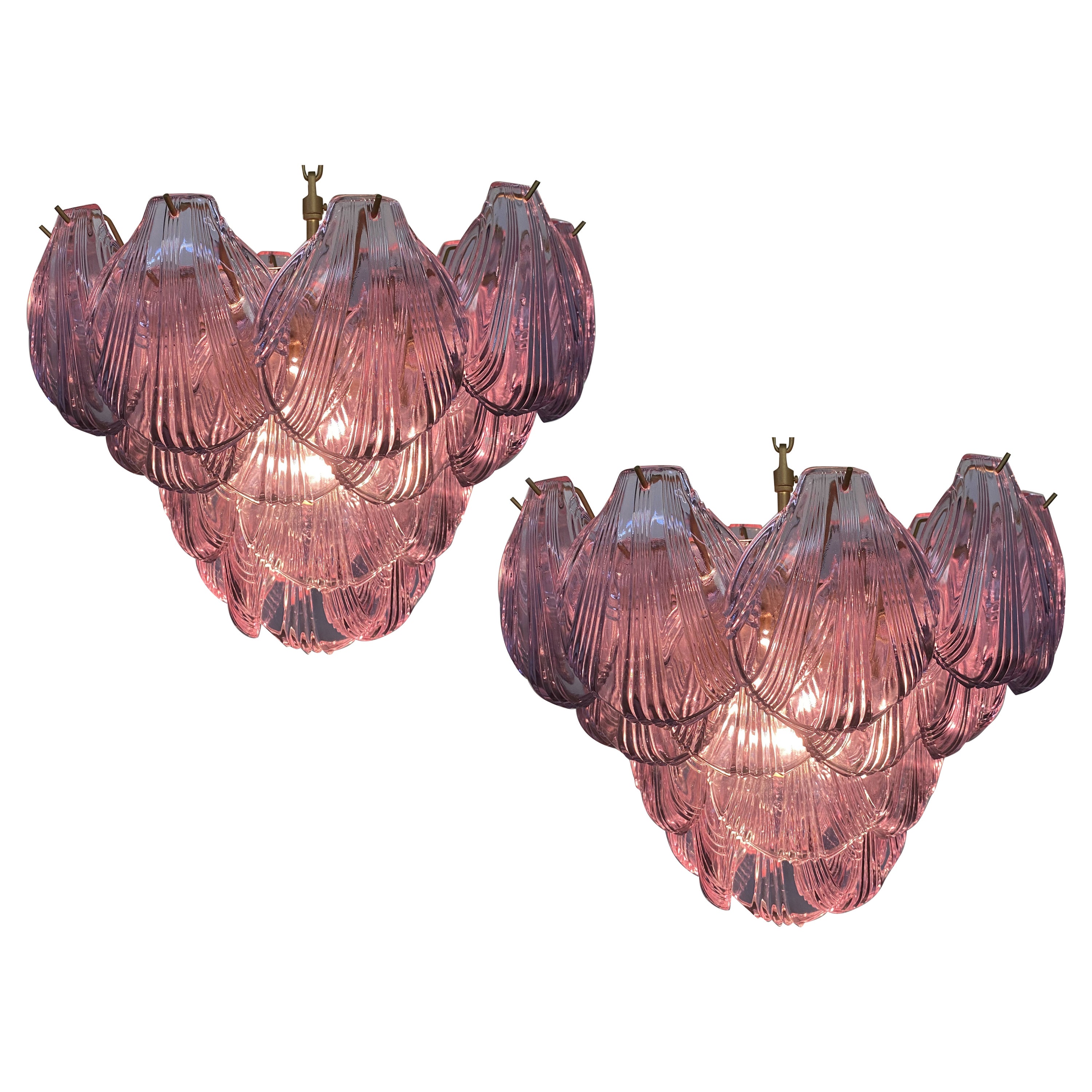 Pair of Italian Pink Shell Chandeliers, Murano