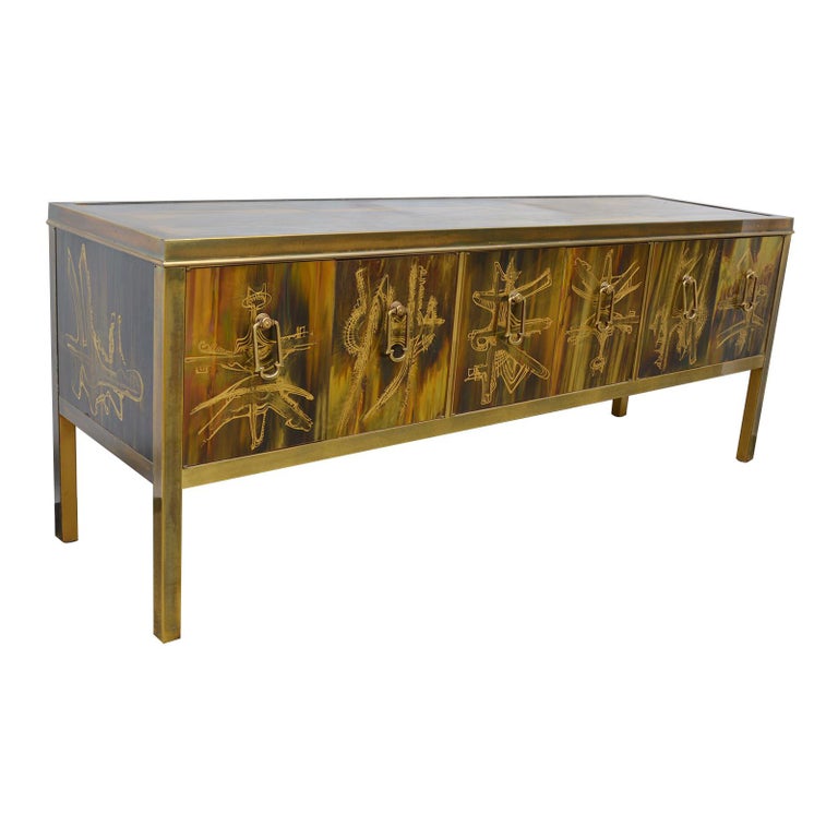 Credenza Brass Acid Etched by Bernhard Rohne for Mastercraft, 1970s For Sale