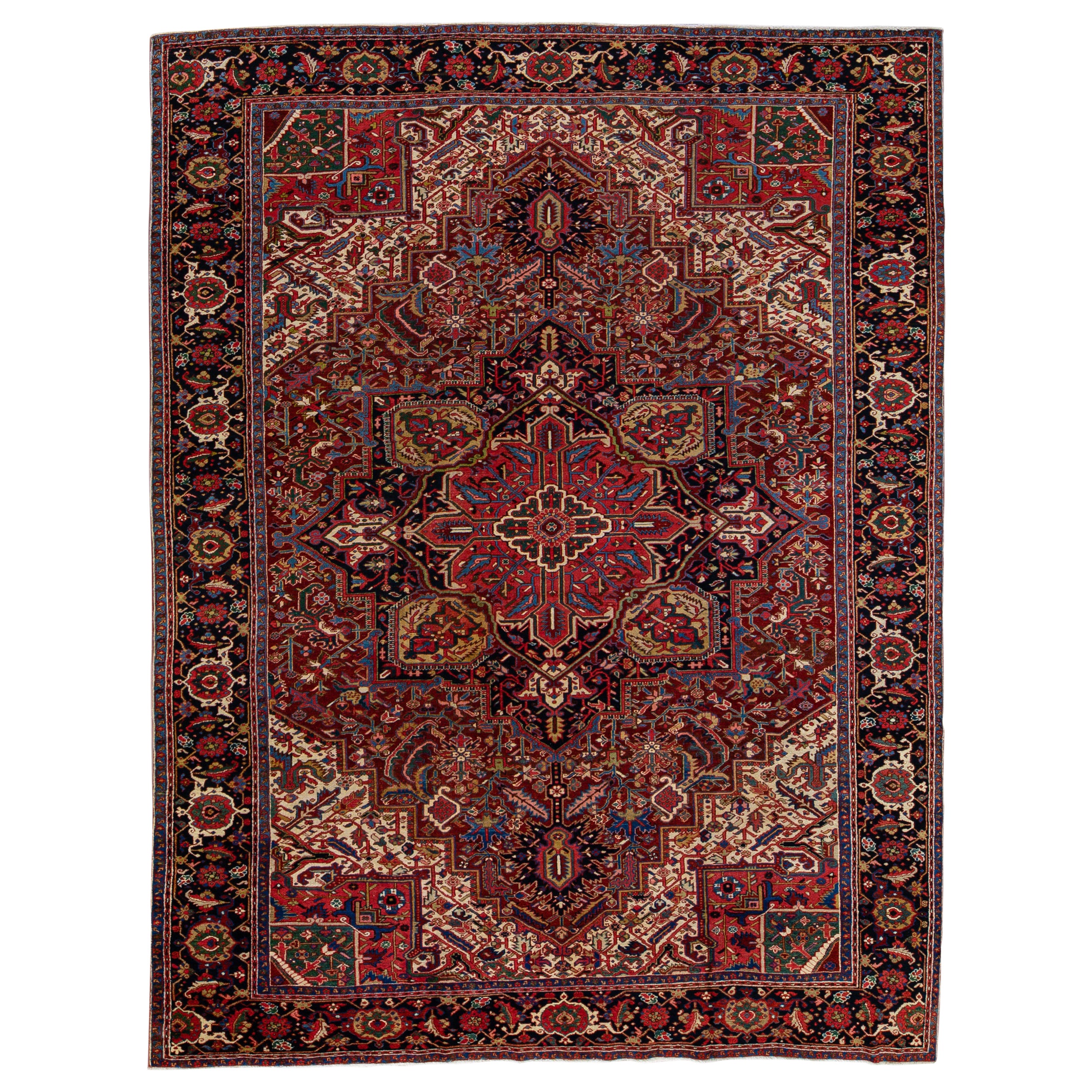 Antique Heriz Persian Handmade Medallion Motif Red Wool Rug For Sale